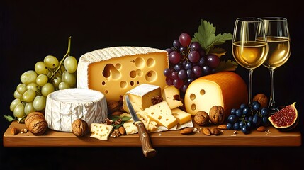 Assorted Cheese and Grapes Arrangement with White Wine Glasses