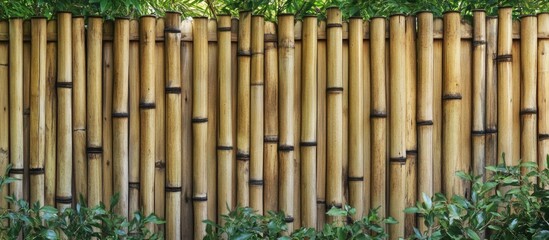 Bamboo fence with lush green foliage in the foreground providing natural texture and depth complete with Copy Space for text placement