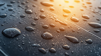 A close-up of a solar panel during a gentle rain, with droplets forming mesmerizing patterns on its surface. The wet panel reflects a dramatic sky, while embedded AI sensors adjust