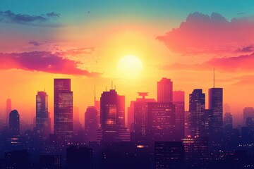 Vibrant Sunset Over a Modern City Skyline