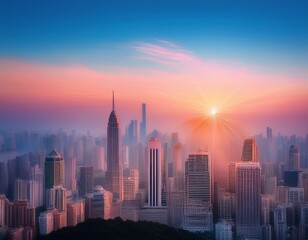 Naklejka premium peach fuzz and blue banner background urban cityscapes a modern skyline at day banner the cityscape at sunrise with radiant light rays piercing the skyline