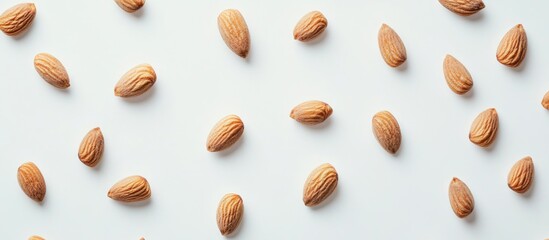 Scattered raw almonds on a light background with natural lighting and ample copy space for text or branding