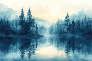 Tableau D'art Mural - Forêt D'hiver Brumeuse Avec Neige Et Ruisseau - Impression Neuve