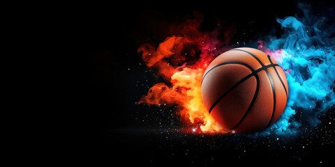 Fototapeta premium Sports Technology. Dynamic basketball with colorful smoke effects on a dark background.