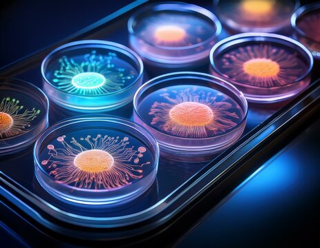 glowing bioengineered yeast cells with embedded sensors in petri dishes synthetic biology concept