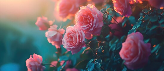 Obraz premium Pink roses in sunlight with blurred background and vibrant colors featuring Copy Space for text placement.