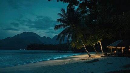 Serene Nighttime Beach Scene With Palm Trees And Mountains