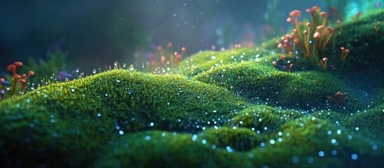 Obraz premium Mossy forest floor with colorful mushrooms and dew drops in an ethereal light setting Copy Space