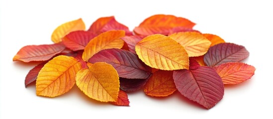 Obraz premium Colorful autumn leaves in shades of red, orange, and yellow arranged on a white background with Copy Space.