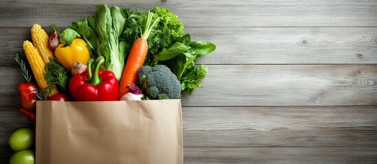 Fresh Harvest: A bounty of colorful, ripe vegetables overflows a brown paper bag, radiating a sense of healthy living and nutritious choices. The rustic wooden background adds a natural touch. 