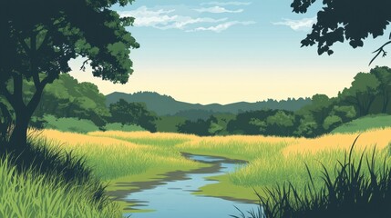 Naklejka premium Serene River Meandering Through Verdant Meadows And Rolling Hills