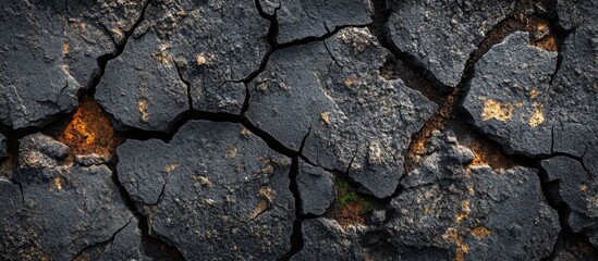 Fototapeta premium Cracked black asphalt surface with yellow and brown patches showing through, displaying texture and detail, Copy Space available