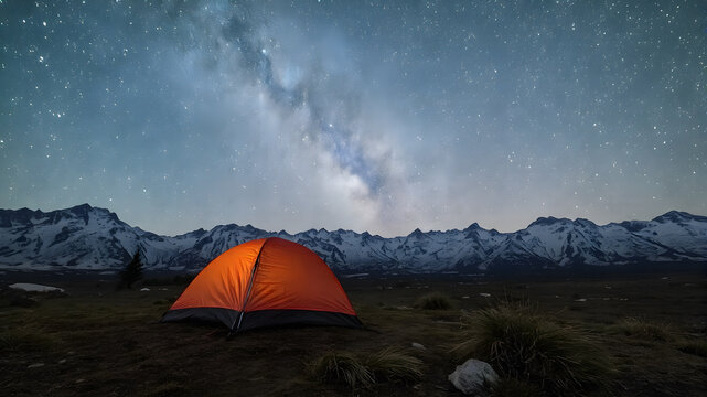  Illuminated tent camping under the milky way. Night sky starry night Milky Way camping - Powered by Adobe