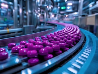 Purple pills on a conveyor belt in a pharmaceutical factory with a blue tone and soft light