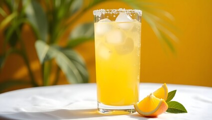 A refreshing glass of carbonated beverage, bright yellow-orange in color, with small ice cubes floating on the surface and water droplets scattered around the rim.