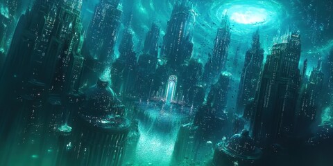 Submerged City Aquamarine Glow Illuminates Towers