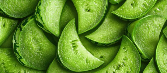 Fototapeta premium Slices of fresh green aloe vera leaves arranged neatly with Copy Space for text placement