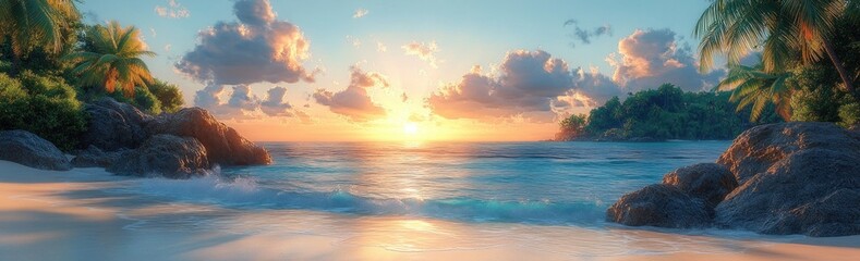 Naklejka premium Tropical Beach Sunrise with Granite Rocks and Lush Palm Trees in Impressionist Style