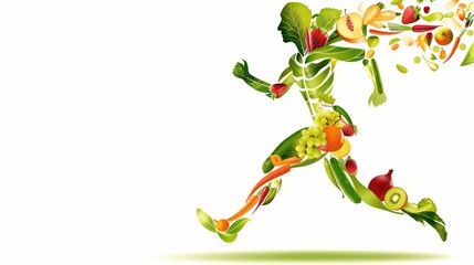 Fototapeta premium Dynamic silhouette of running person filled with fresh fruits and vegetables on white background representing healthy lifestyle
