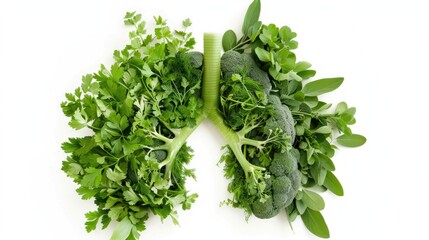 Obraz premium Creative vegetable lungs concept made from fresh green vegetables isolated on white background showing healthy breathing and respiratory wellness