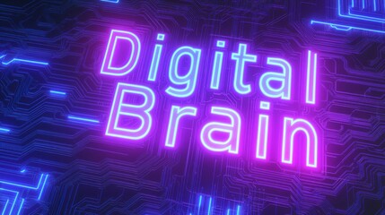 Neon Typography of Digital Brain in Bright Blue Circuits