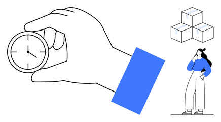 Giant hand holds a clock, woman stands thoughtfully beside stacked cubes. Ideal for time management, planning, strategy, decision-making, organization, efficiency productivity. Uses abstract line