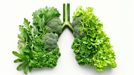 Fototapeta premium Creative vegetable lungs concept made from fresh green vegetables isolated on white background showing healthy breathing and respiratory wellness