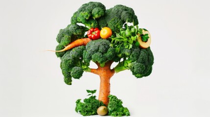 Creative tree shape made from vegetables and fruits isolated on white background