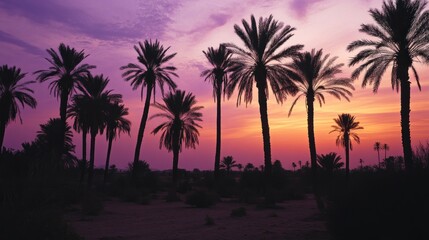 Silhouetted Palm Trees at Sunset in a Desert Oasis