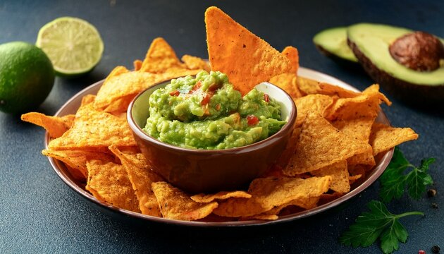 closeup avocado guacamole dip with tortilla chips nachos - Powered by Adobe