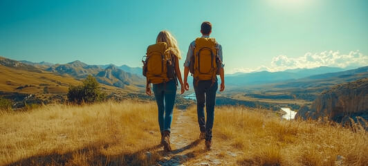 Young couple hiking in the mountains with backpacks at sunset