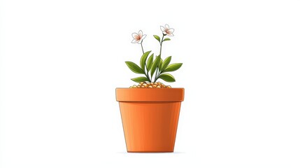 Obraz premium Vibrant Orange Flower Pot with Blossoming White Flowers and Fresh Green Leaves