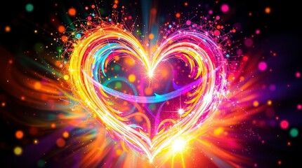 Vibrant Rainbow Heart Light Burst Abstract Art