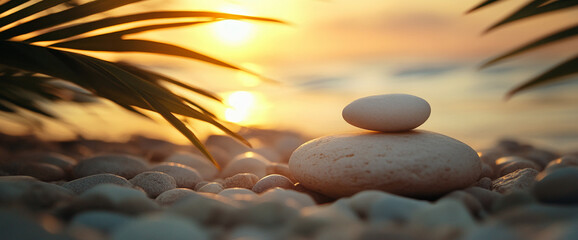 A close-up of stacked smooth pebbles on a beach, with golden tropical palm leaves and the ocean in the background, symbolizing tranquility, balance, and relaxation.