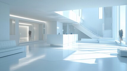 Obraz premium Modern white building interior; sunlight, reception, stairs