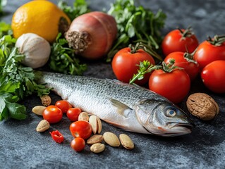Fresh Fish with Red Tomatoes Lemon Beetroot and Nuts on a Dark Textured Surface