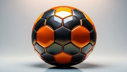 Fototapeta premium shiny orange and black soccer ball standing on white background perfect for sports concepts