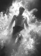Fototapeta premium Dynamic Gymnast in Mid-Air Surrounded by White Powder Clouds Captured in Black and White Art Photography