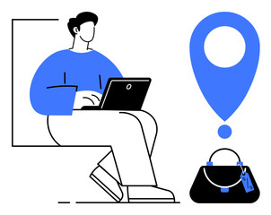 Man sitting with laptop tracking his lost bag using navigation marker for precise location identification. Ideal for travel security, technology integration, lost and found, GPS services, personal