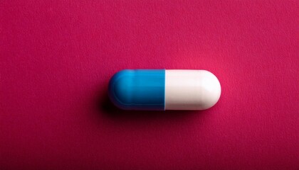 bicolor pill on crimson background from above