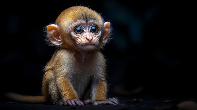Adorable Baby Monkey: Dark Background Portrait, Expressive Eyes, Gentle Mood
