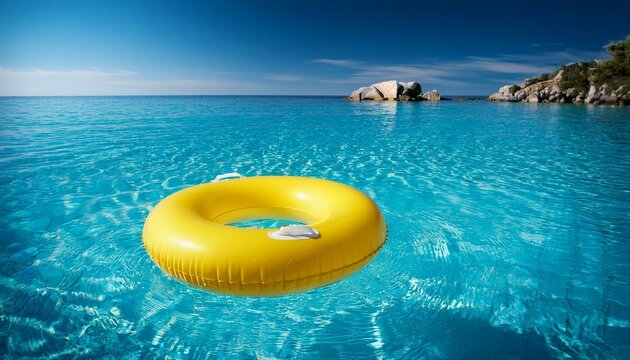summer vacation yellow pool ring float in blue water