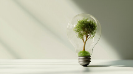 A transparent light bulb with a miniature tree growing inside, symbolizing green ideas and sustainability, placed on a white surface with side lighting and shadows