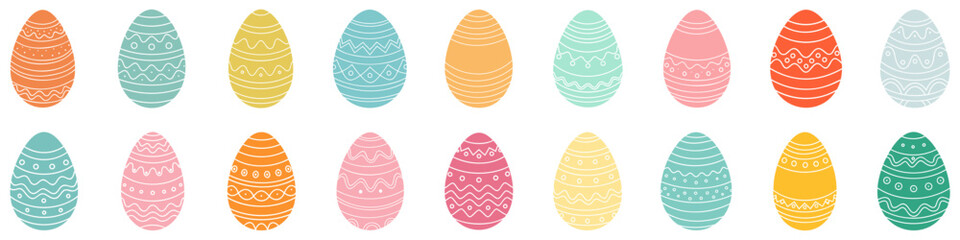 Easter egg. Set of colorful Easter eggs in doodle style. Happy Easter eggs on white background. Vector illustration