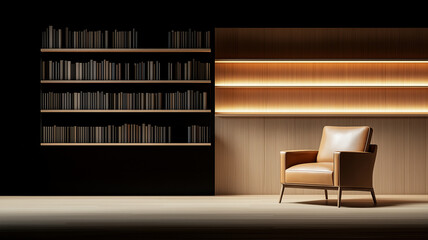 stylish leather armchair in modern interior with illuminated bookshelves. warm lighting creates cozy atmosphere, perfect for reading or relaxation