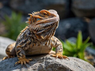 Obraz premium Colorful Bearded Dragon Sunbathing in Natural Habitat Close-Up