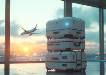 An airplane is taking off from an international airport during sunset
