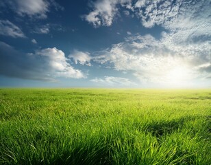 Fototapeta premium natural spring grass field background with cloudy sky