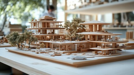 Detailed architectural model showcasing modern wooden structures surrounded by greenery