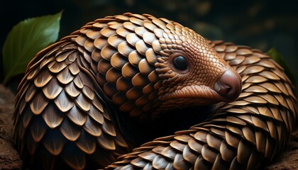 a pangolin curled up in its defensive position scales tightly packed